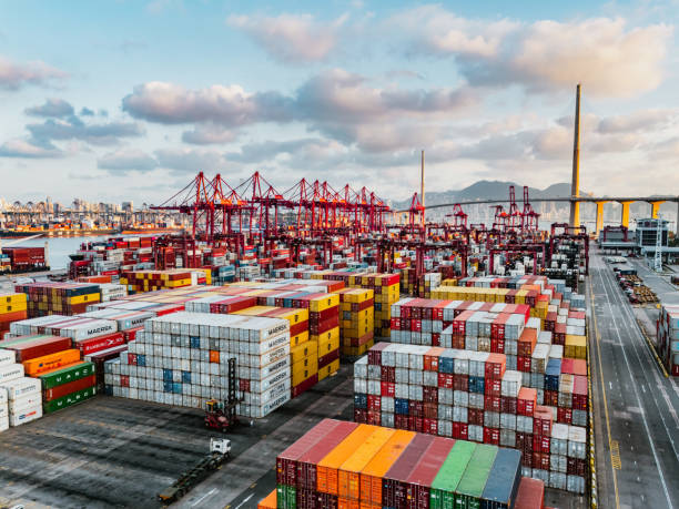 Sunset in Port of Container port in Hong Kong